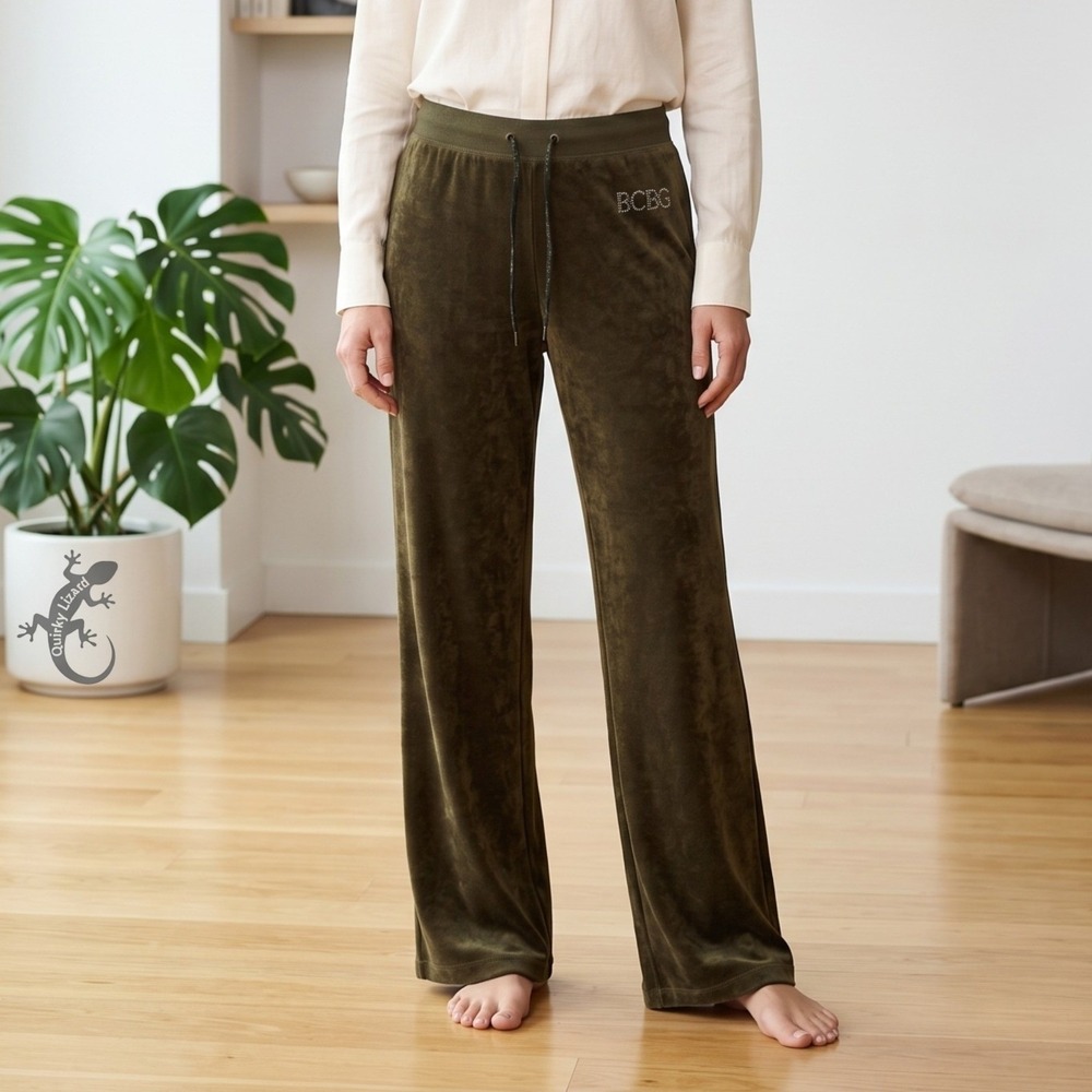 BCBGMaxAzria Velour Pants‎ Womens PM Olive Rhinestone Y2K Wide Leg Lounge Petite